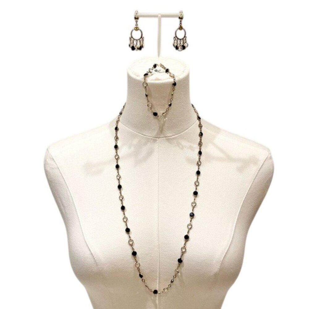 Vintage 1990s Art Deco Style Black and Gold Necklace Earrings Jewely SET